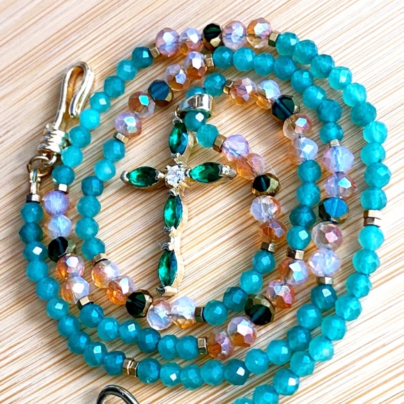 Aventurine with Austrian Crystals Christian Cross Necklace - Picture 12 of 13